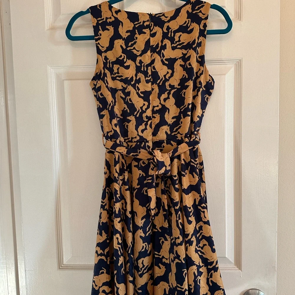Elegant Navy and Gold Horse Print Mini Dress - Picture 4 of 5